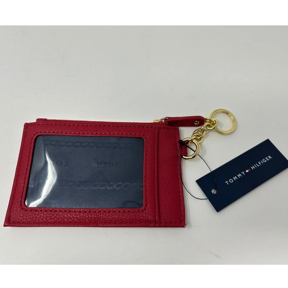Tommy Hilfiger Womens Red Pebbled Card Case Wallet Keychain ID Window Zipper New